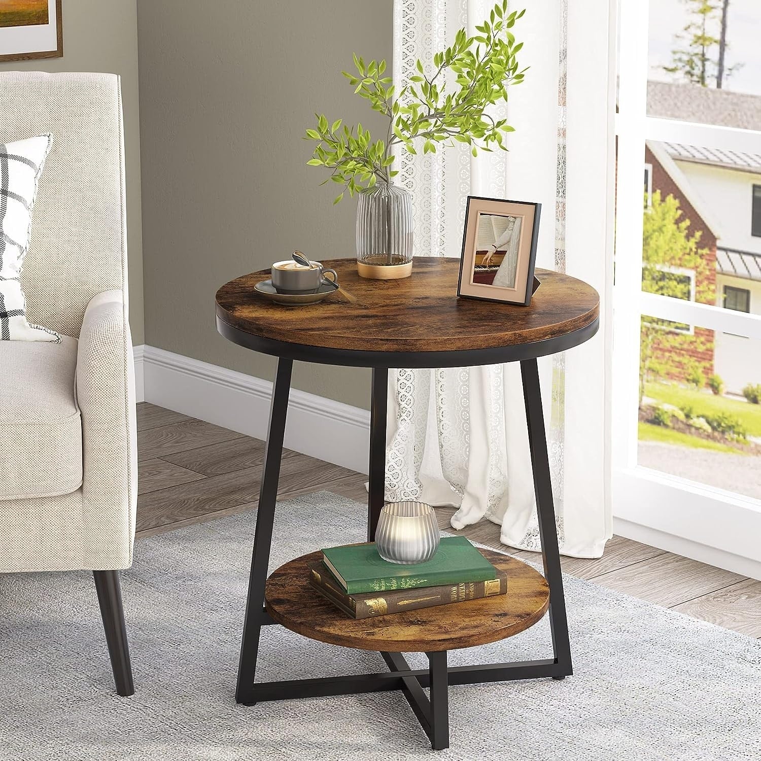 ZenVora Industrial Round End Table, Small Side Table and Accent Coffee Table for Living Room and Bedroom