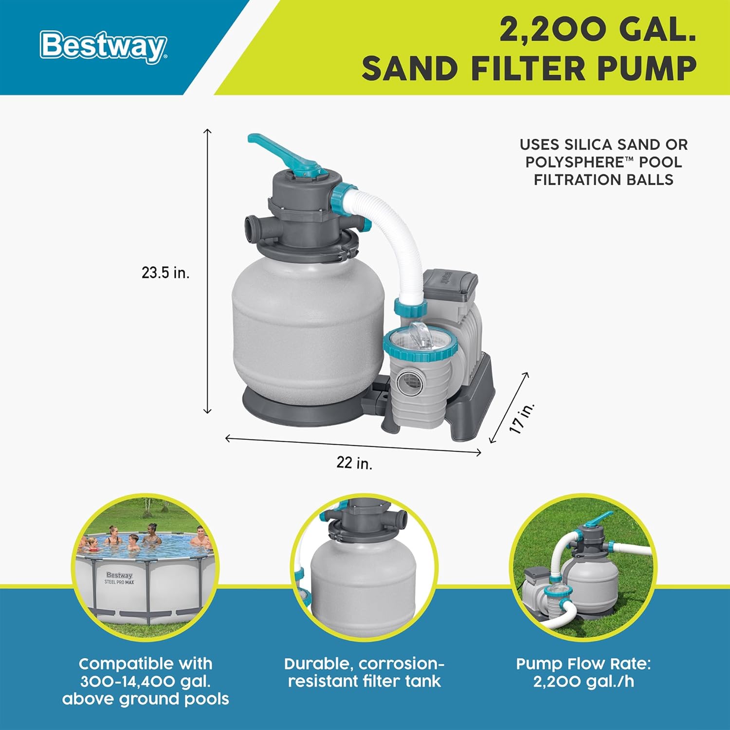 2,200 GPH Sand Filter Pump for Above Ground Pools, High Flow Swimming Pool Filtration System