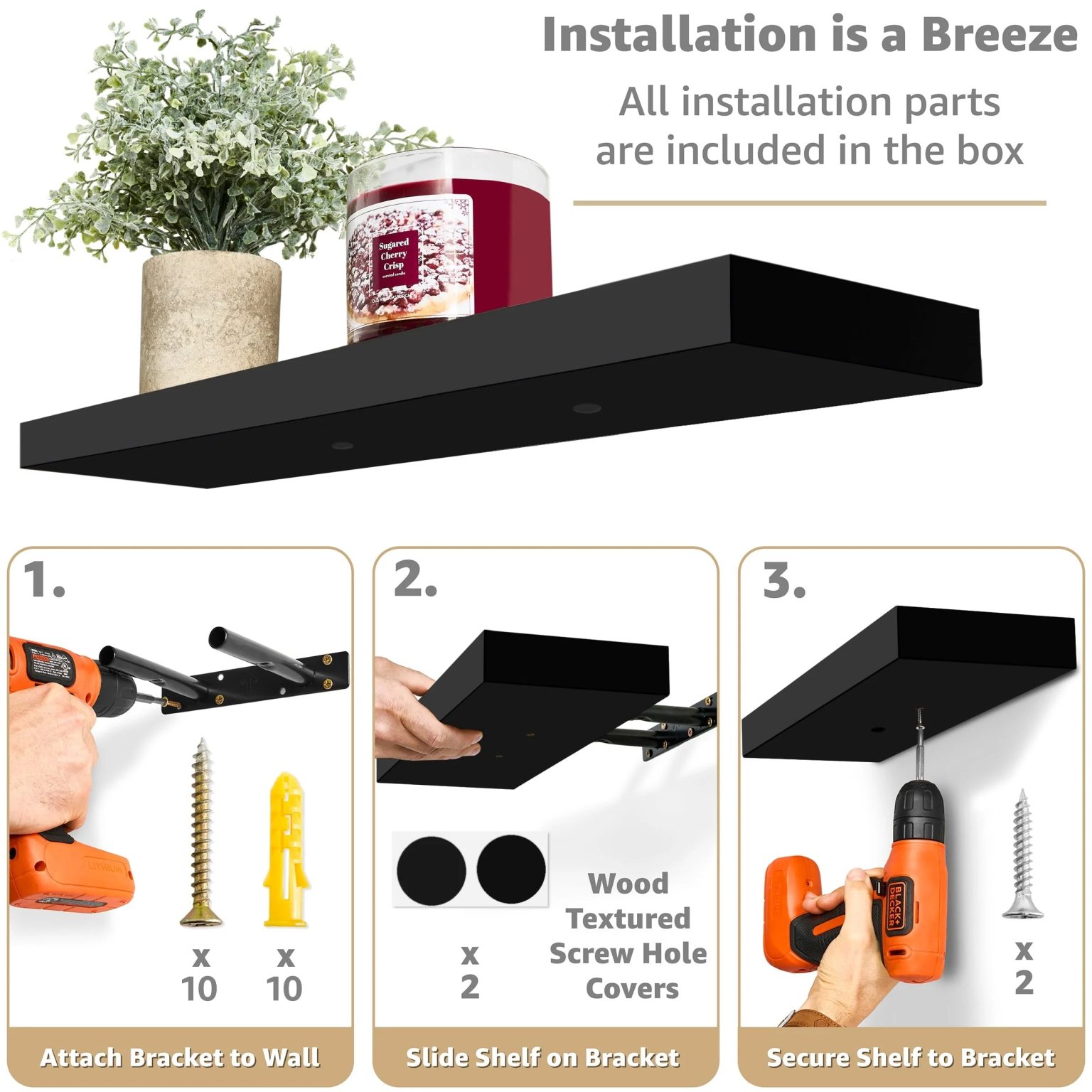 ZenVora Set of 3 Floating Wood Wall Shelves, Wall Mounted Display and Storage Shelves with Invisible Brackets for Books and Home Decor