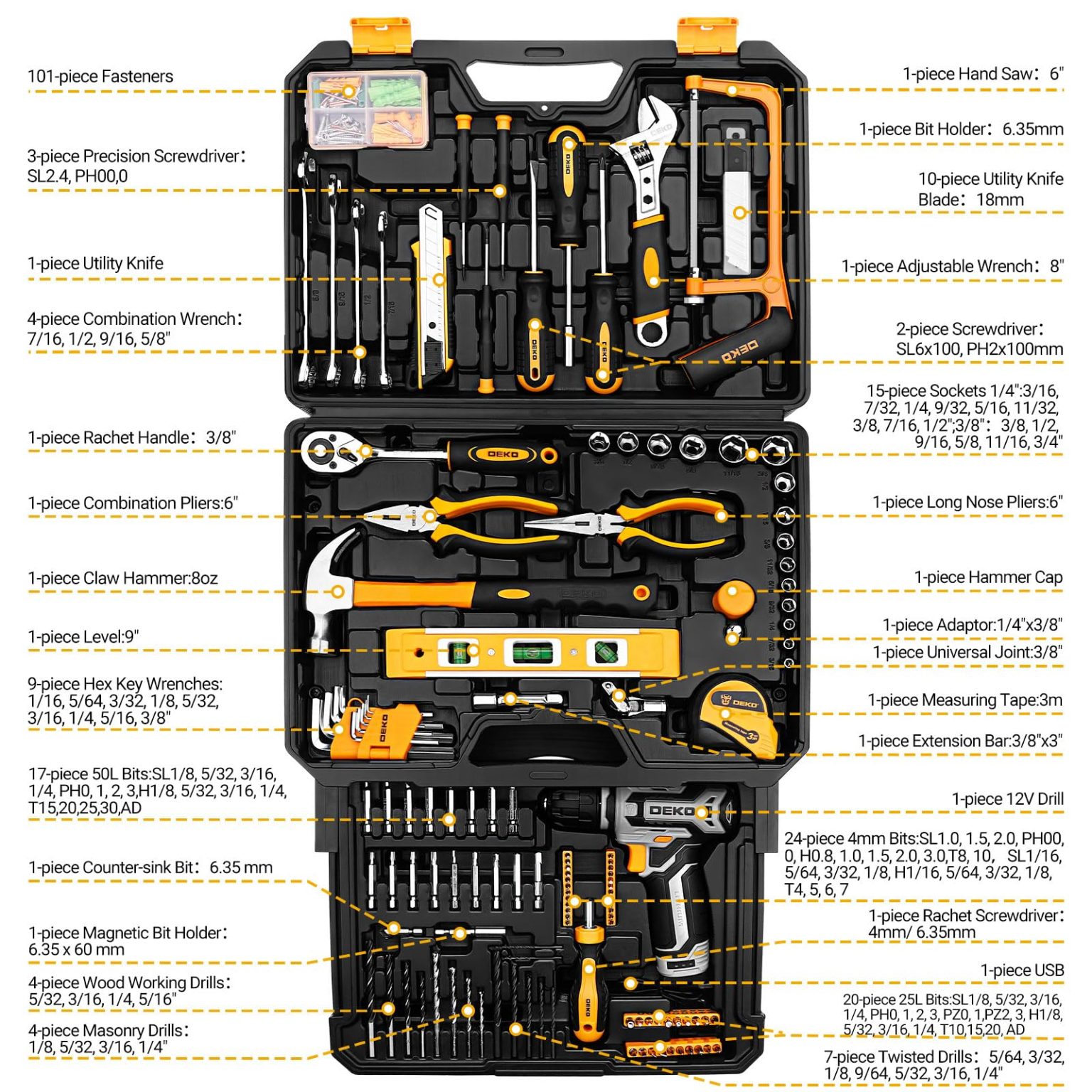 ZenVora Home Mechanic Tool Kit with Toolbox and 12V Cordless Drill