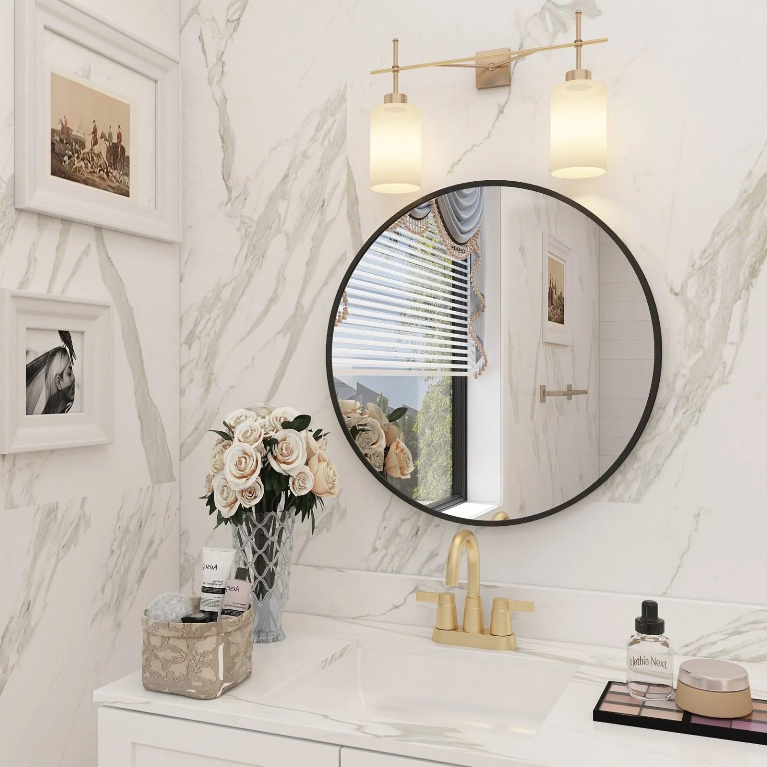 ZenVora Round Metal Black Frame Bathroom Vanity Mirror, Wall Mounted Decorative Mirror