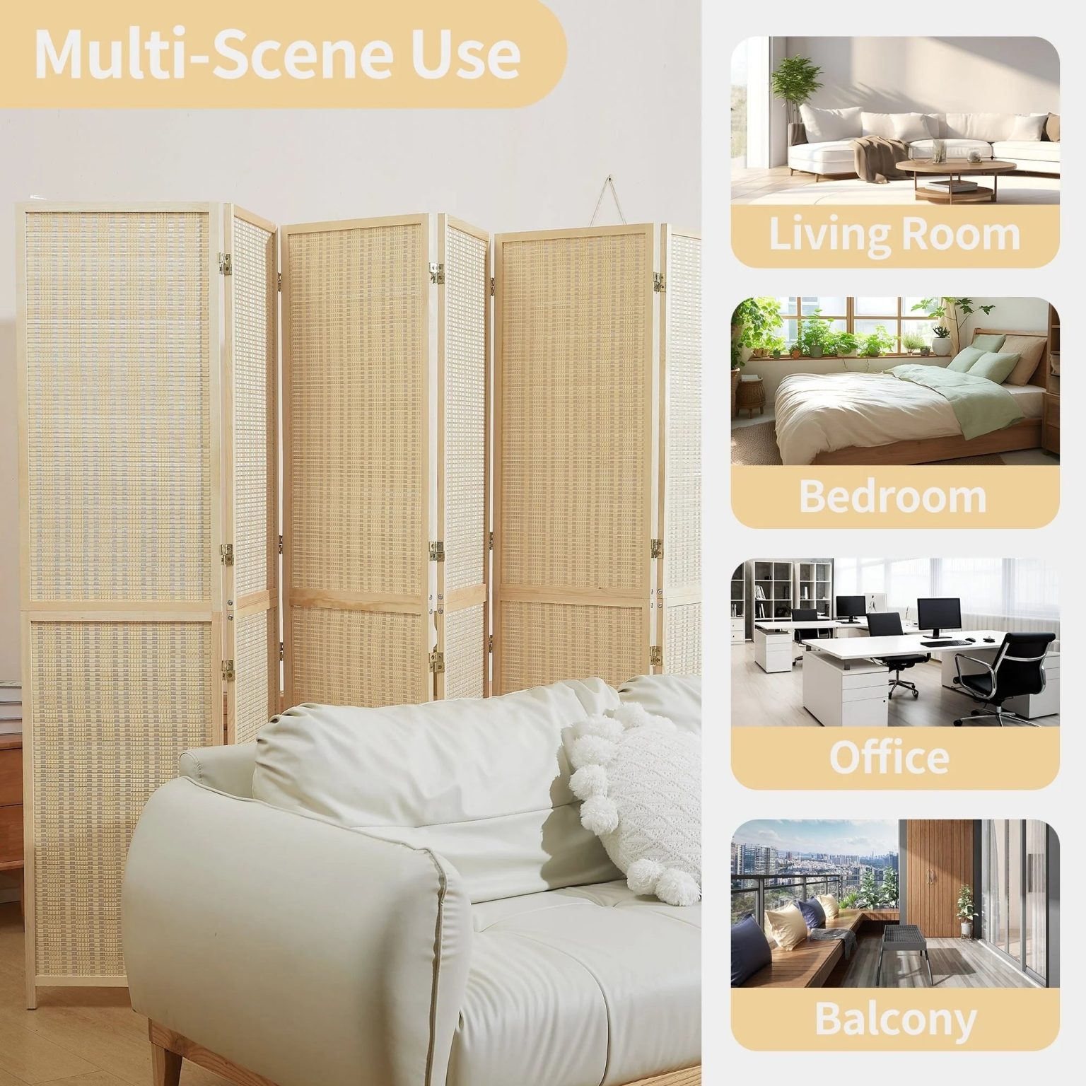 ZenVora 4-Panel Bamboo Folding Partition Screen 6FT Detachable Room Divider