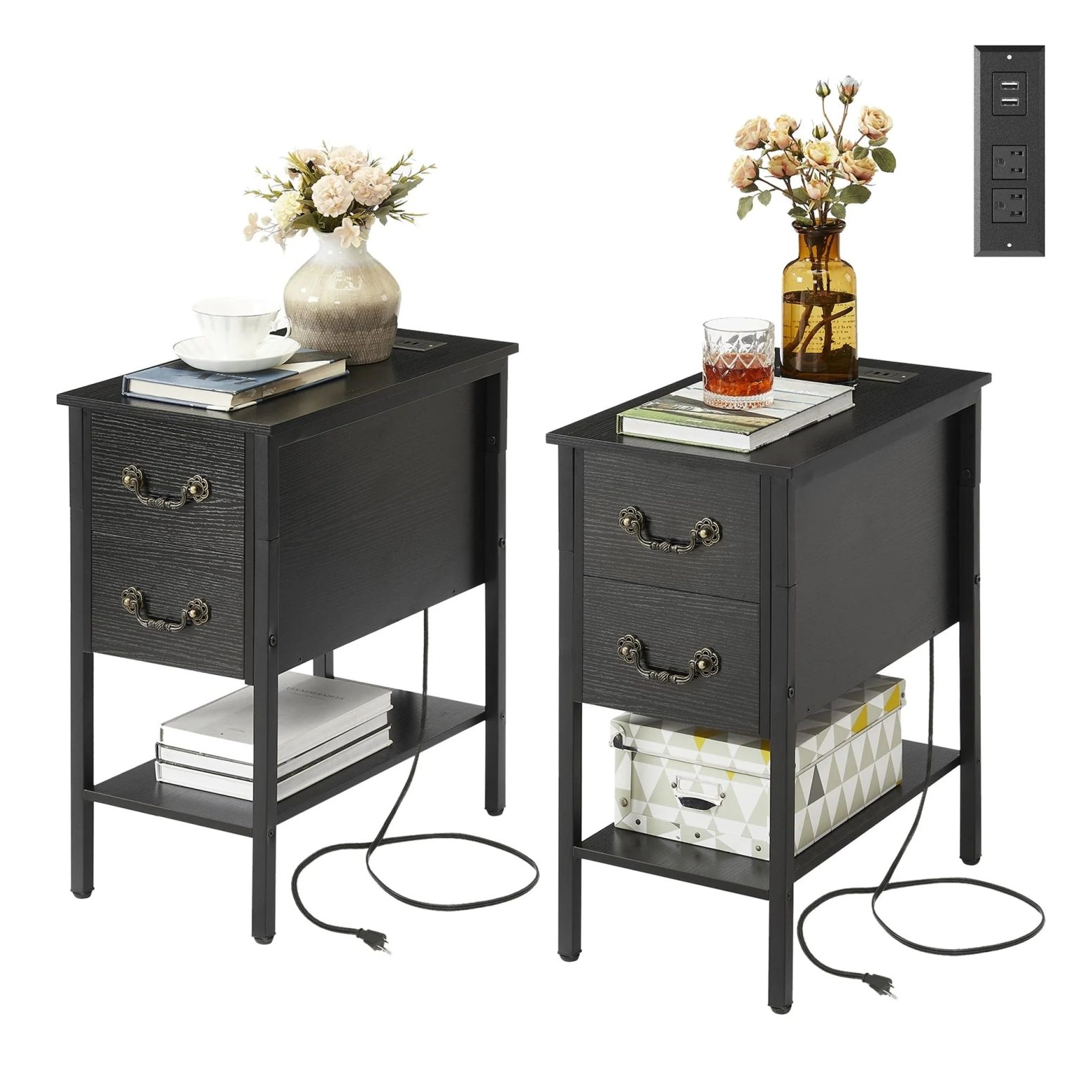 Narrow End Table with Charging Station, Chairside Table with Drawers, USB Ports and Power Outlets