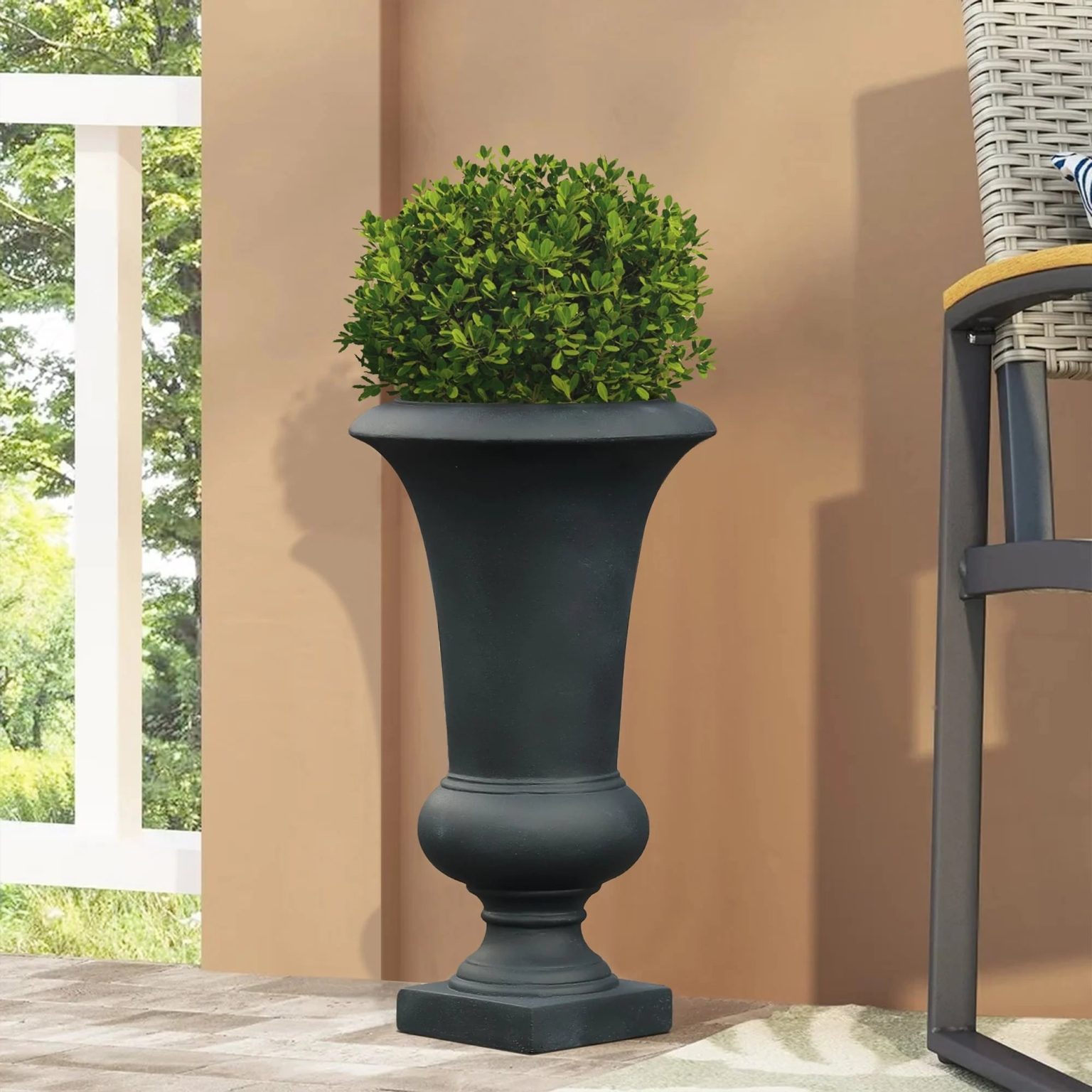 ZenVora 22.75" Tall Handmade Fiber Stone Urn Planter Pot, Decorative Outdoor Garden Flower Container for Patio and Home
