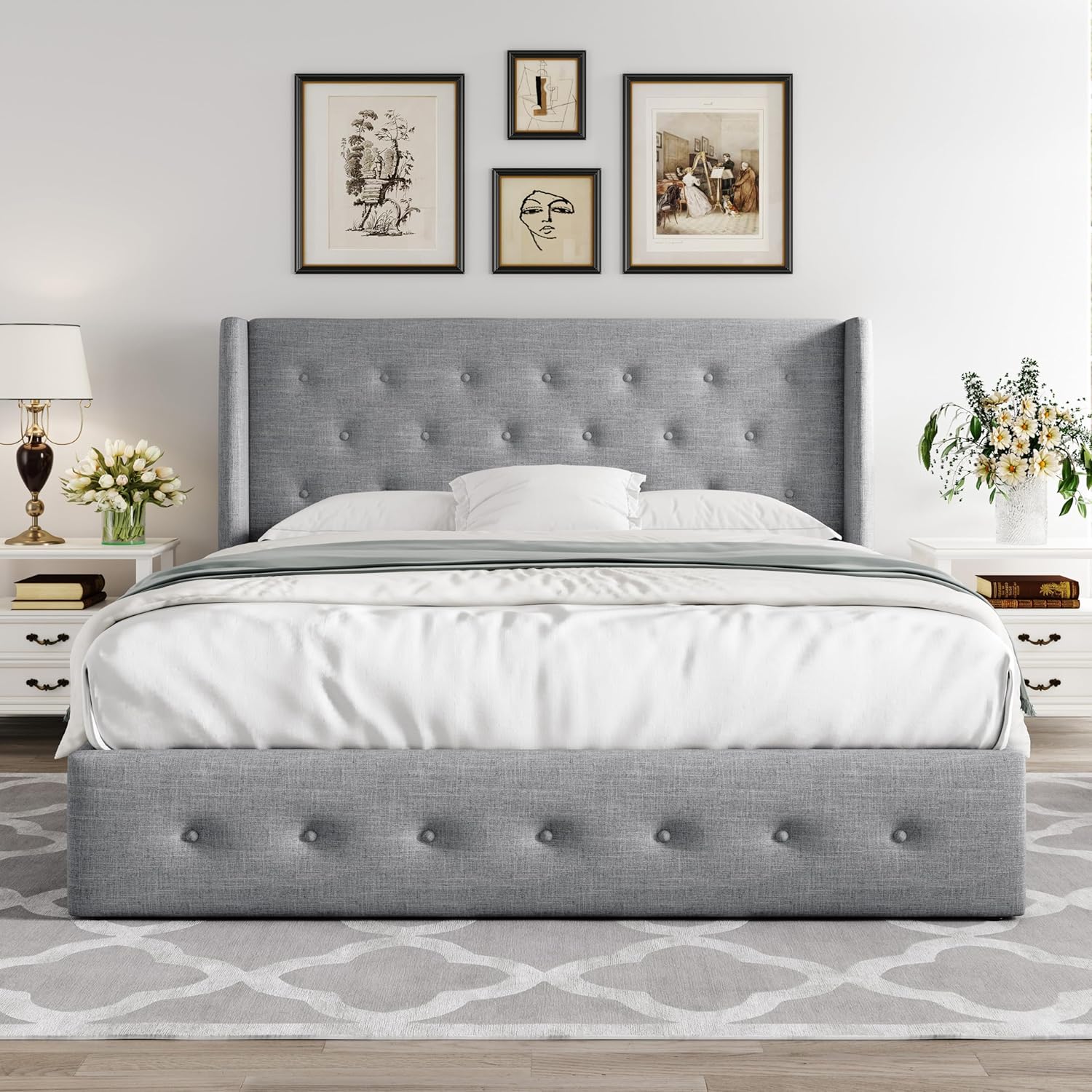 ZenVora Queen Size Lift Up Storage Bed with Wingback Headboard, Upholstered Platform Bed Frame with Hidden Storage