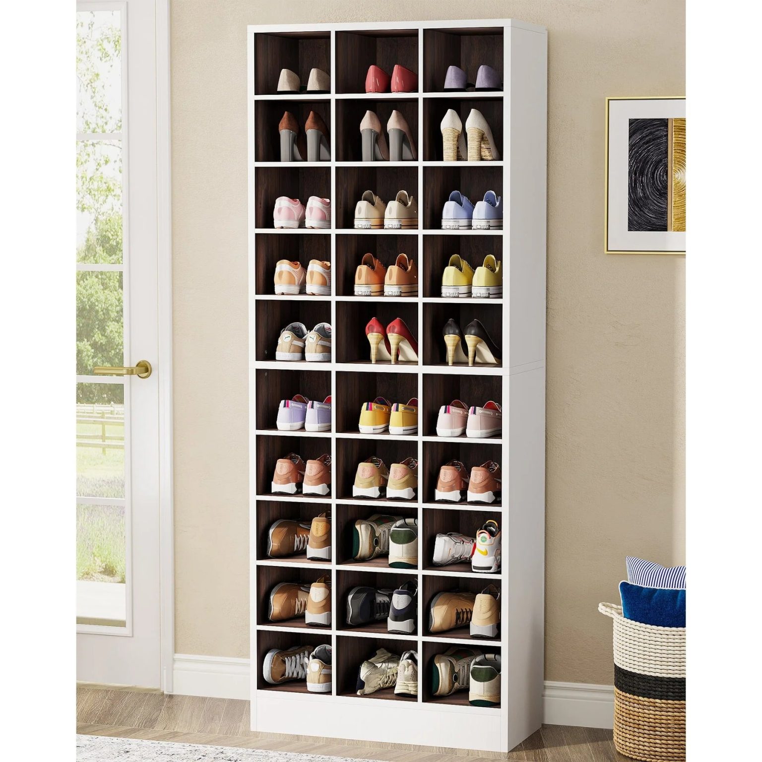 ZenVora 10-Tier Tall Shoe Cabinet, 30-Pair White Wood Shoe Storage Rack for Entryway and Closet