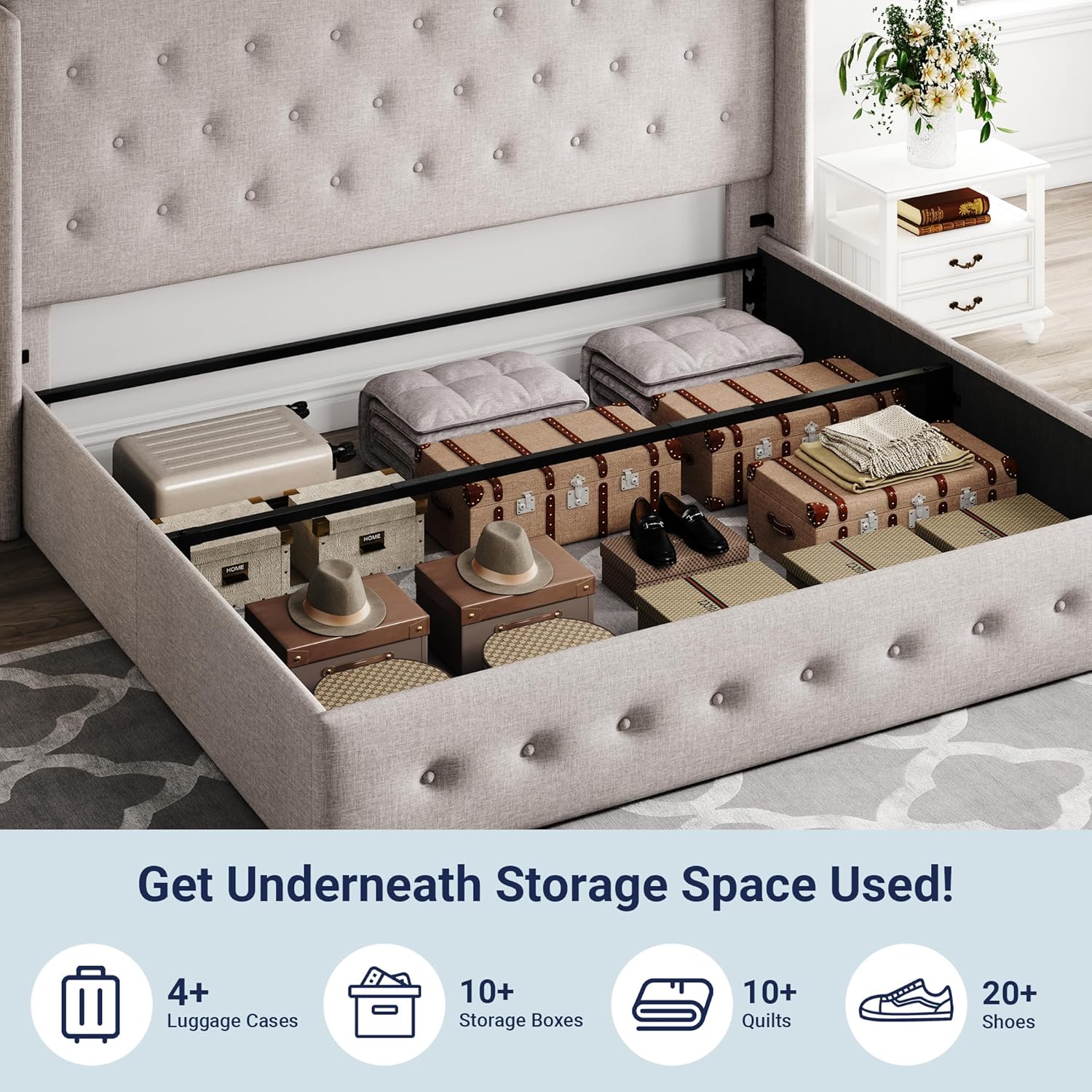 ZenVora Queen Size Lift Up Storage Bed with Wingback Headboard, Upholstered Platform Bed Frame with Hidden Storage