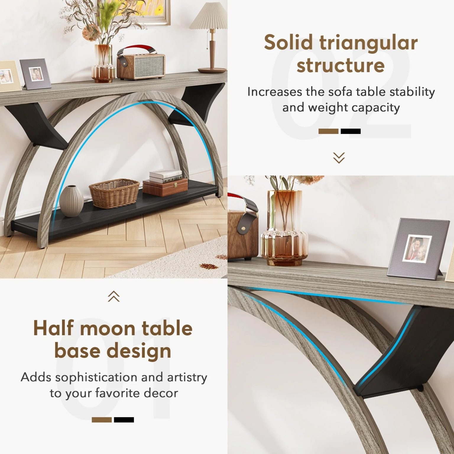 ZenVora Gray 2-Tier Slim Console Sofa Table, Semi-Circular Metal Frame for Hallway