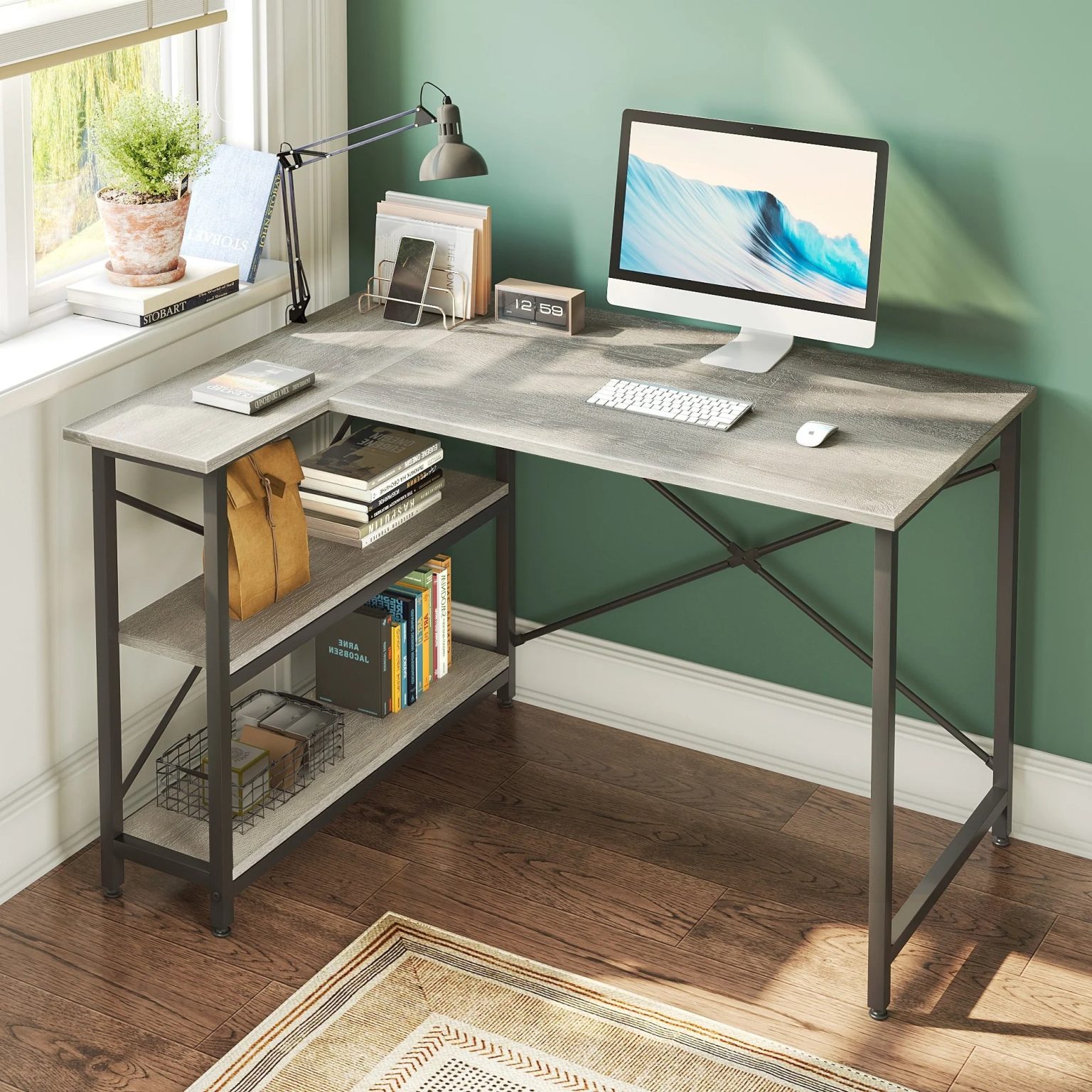 ZenVora Small L Shaped Computer Desk with Storage Shelves, Compact Corner Workstation for Home Office and Study