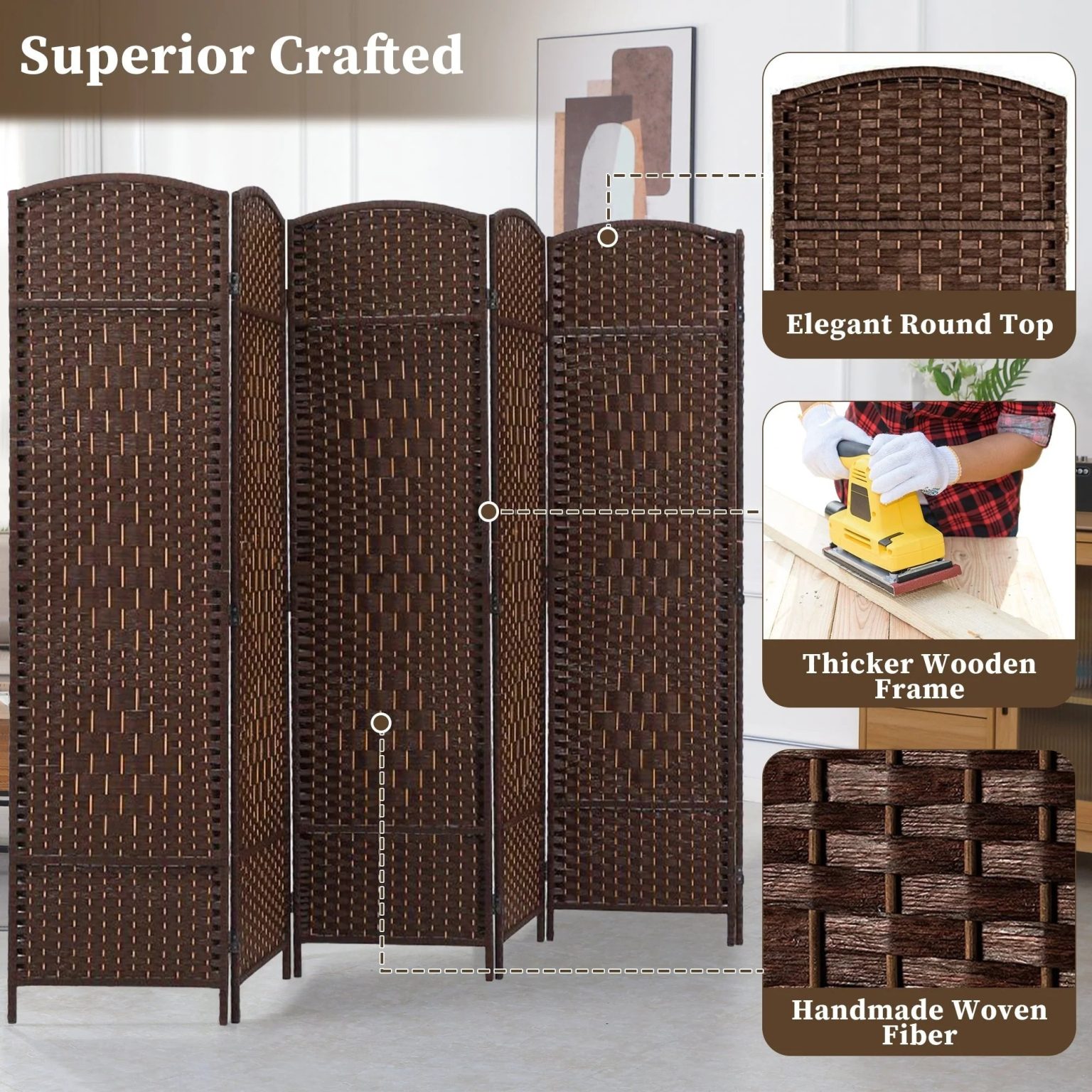 ZenVora 6 FT Tall Woven Fiber Room Divider, Freestanding Folding Privacy Screen