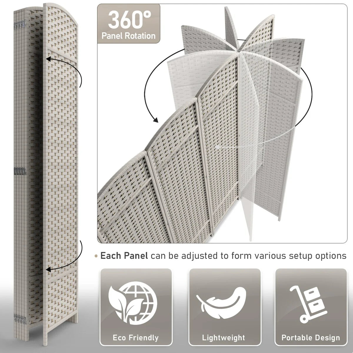 ZenVora 6 Panel Room Divider, 6ft Tall Extra Wide Folding Privacy Screen with Hand-Woven Mesh Panels