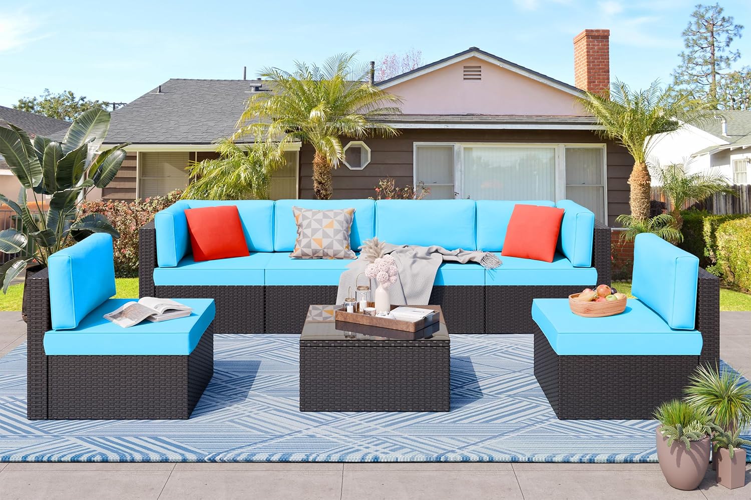 ZenVora 5-Piece All-Weather Patio Furniture Set with Ottoman, Outdoor Wicker Conversation Sofa Set with Cushions for Garden, Deck & Backyard