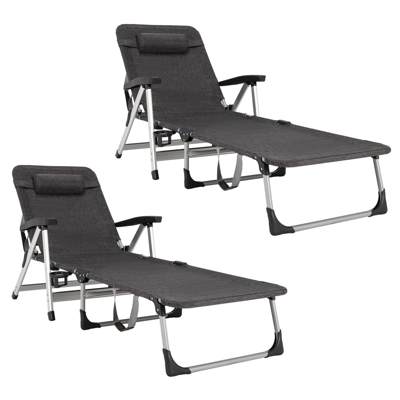 Folding Outdoor Chaise Lounge Chair with Cup Holder and Detachable Headrest