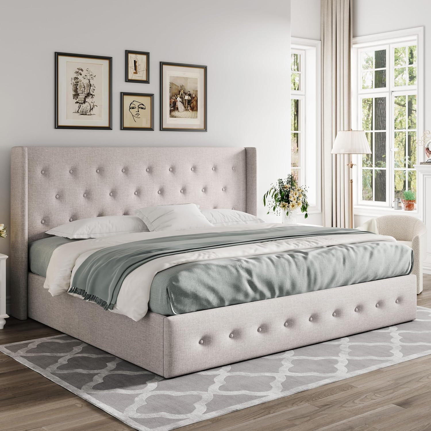ZenVora Queen Size Lift Up Storage Bed with Wingback Headboard, Upholstered Platform Bed Frame with Hidden Storage