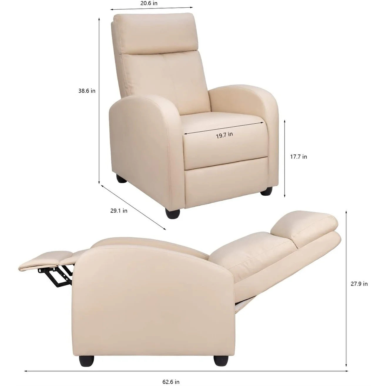 ZenVora PU Leather Recliner Chair, Single Living Room Sofa Lounge Chair with Reclining Function