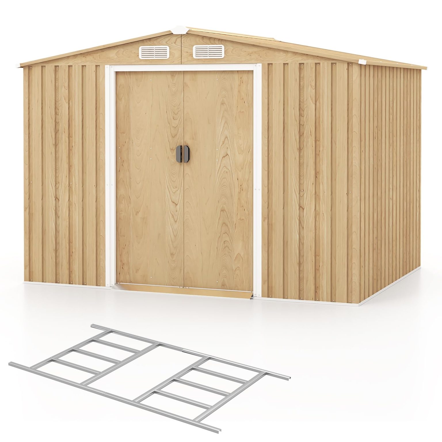 ZenVora 8' x 6' Metal Storage Shed – Woodgrain Outdoor Tool House with Base Floor & 4 Vents