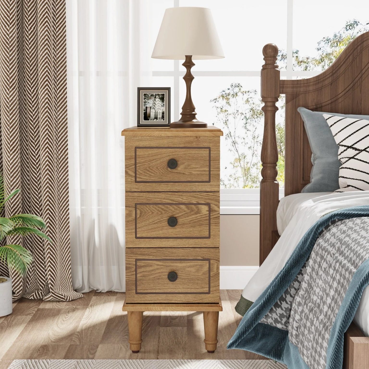 ZenVora Fully Assembled Narrow End Table, Solid Wood Side Table with 3 Drawers, Vintage Nightstand for Small Spaces
