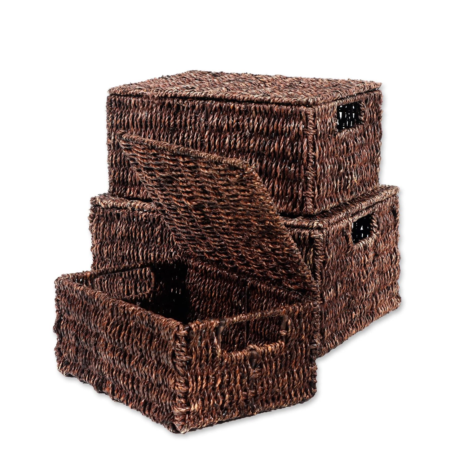 ZenVora Set of 3 Small Rectangular Seagrass Baskets with Lids, Woven Storage Baskets