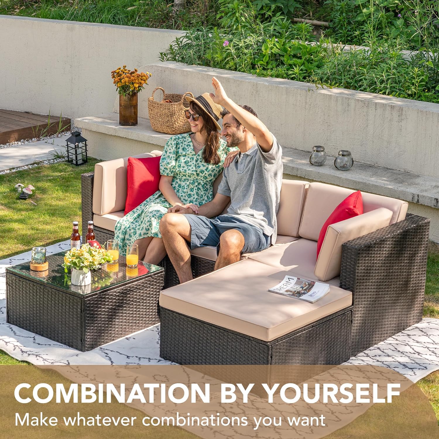 ZenVora 5-Piece All-Weather Patio Furniture Set with Cushions, Outdoor Wicker Conversation Sofa Set for Garden, Deck & Backyard