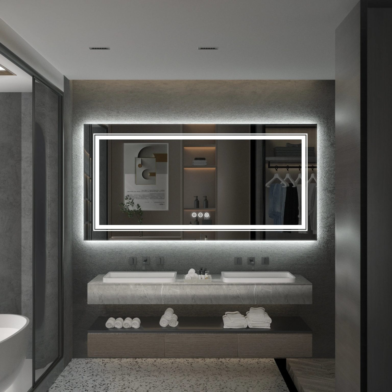 ZenVora Extra Large LED Lighted Bathroom Mirror, Anti-Fog Wall Mounted Vanity Mirror with 3 Colors
