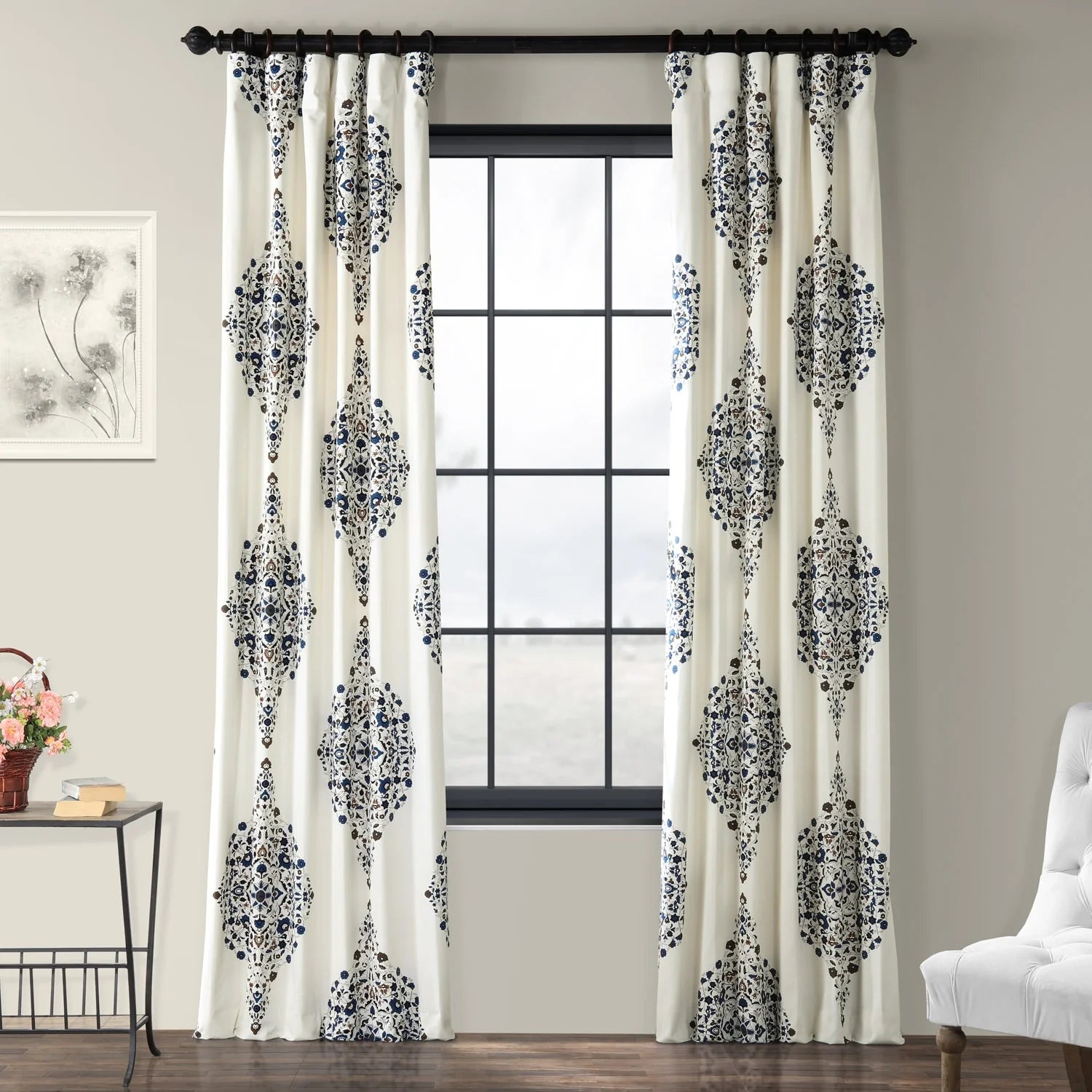 Medallion Damask Printed Cotton Room Darkening Curtain Panel, 1 Piece