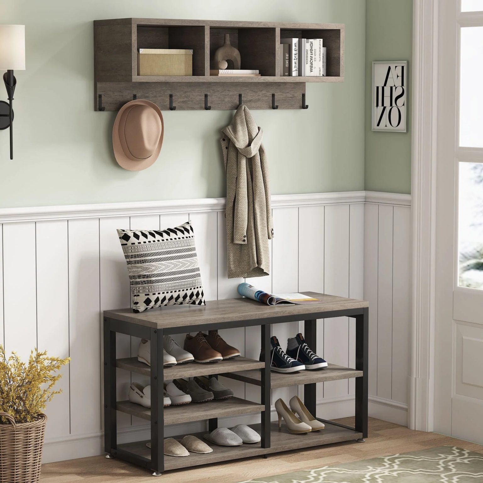 ZenVora Entryway Coat Rack and Shoe Bench Set, Industrial Hall Tree with Coat and Shoe Storage