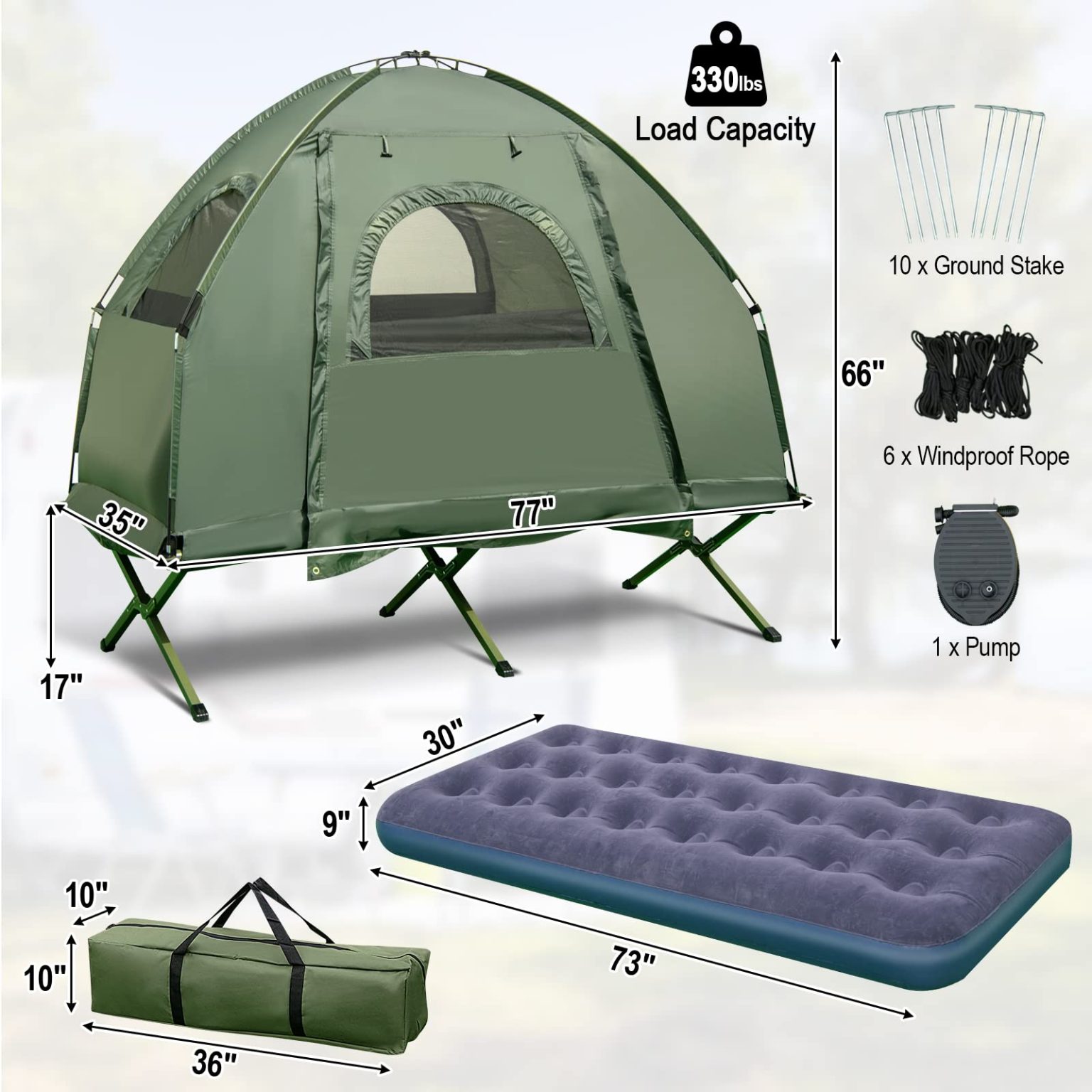 ZenVora 5-in-1 Folding Camping Cot – Tent with Air Mattress, Pillow & Sleeping Bag