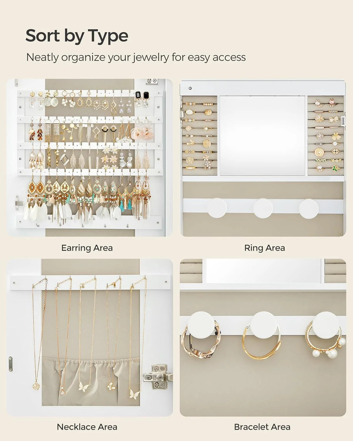 ZenVora LED Jewelry Organizer Cabinet, Wall or Door Mounted Jewelry Storage Mirror with LED Lights