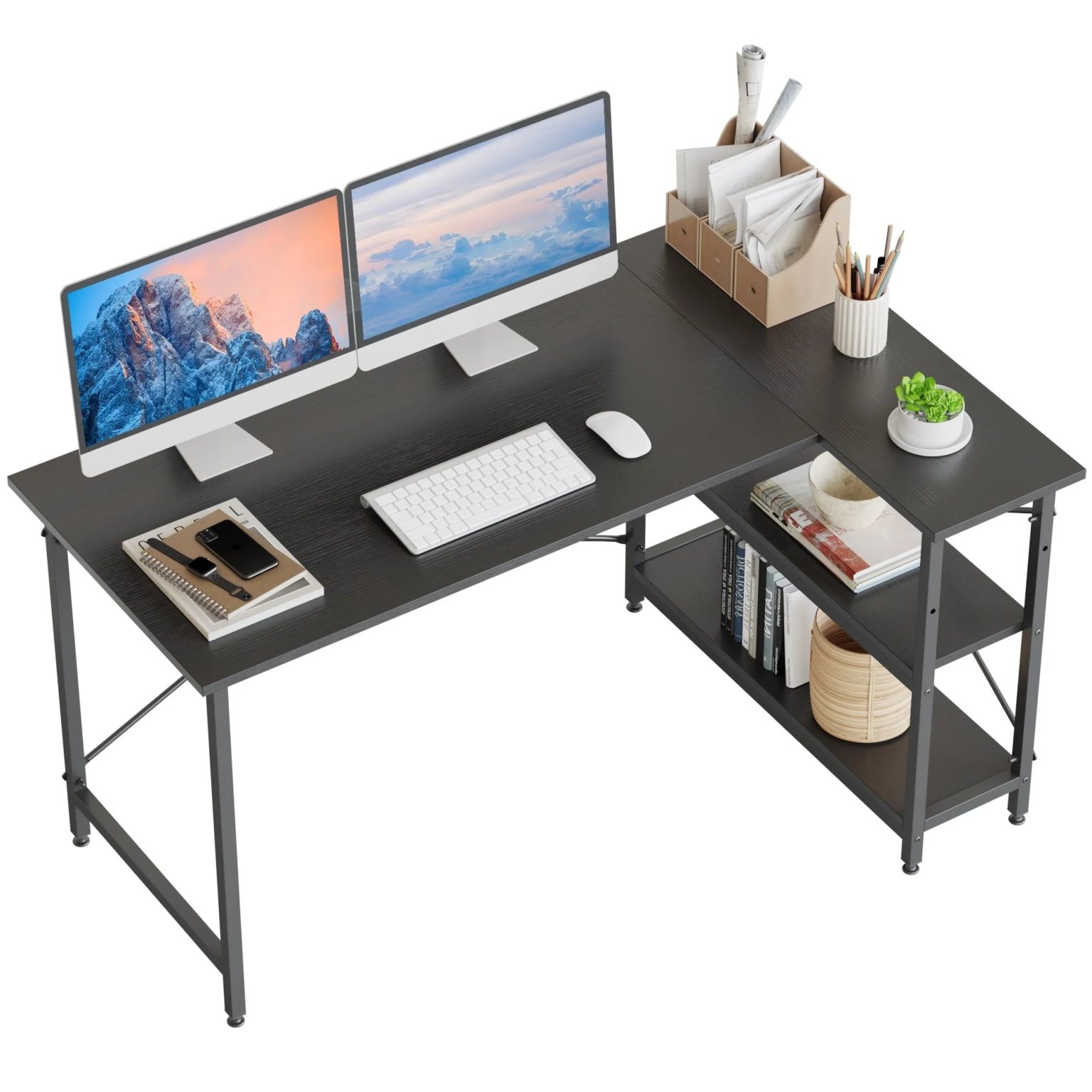 ZenVora Small L Shaped Computer Desk with Storage Shelves, Compact Corner Workstation for Home Office and Study