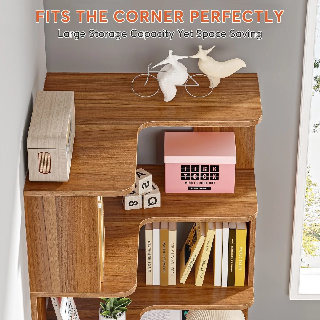 ZenVora 64.9 Inch Tall 6-Tier Corner Bookshelf, Freestanding Wood Industrial Bookcase