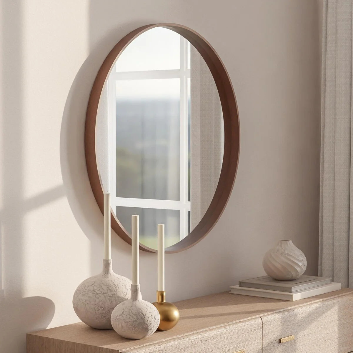 ZenVora Classic Farmhouse Round Wall Mirror, Wooden Frame Decorative Accent Mirror for Living Room, Bedroom and Entryway