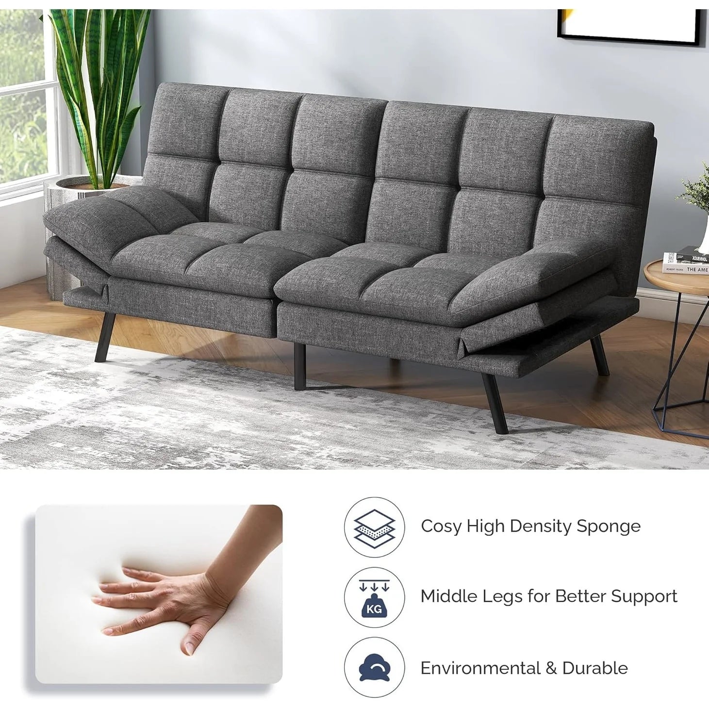 ZenVora Convertible Futon Sofa Bed with Memory Foam, Foldable Loveseat Sleeper with Adjustable Armrests