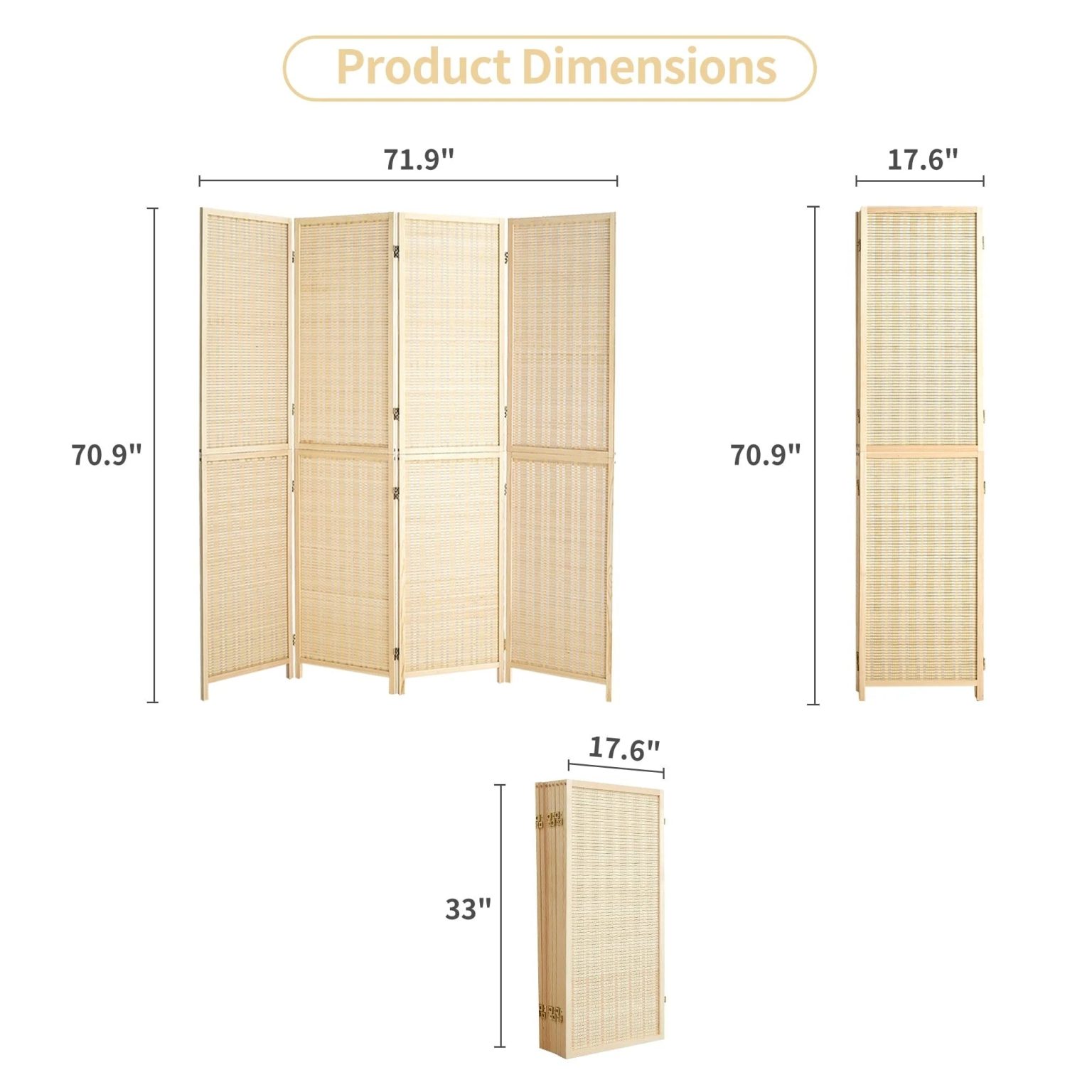 ZenVora 4-Panel Bamboo Folding Partition Screen 6FT Detachable Room Divider