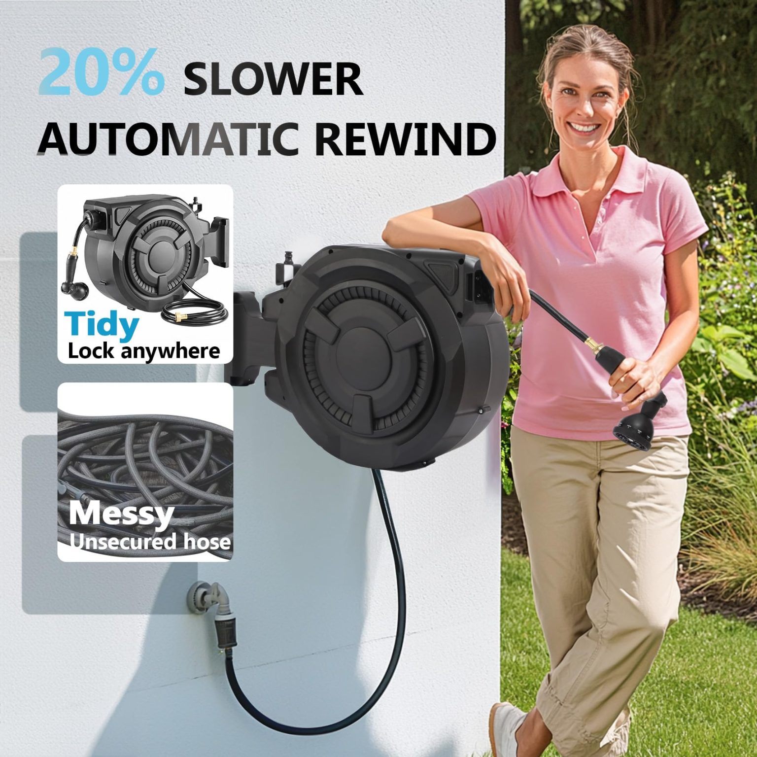ZenVora 100 ft Wall Mounted Garden Hose Reel, 1/2 Inch Hose with 180° Swivel
