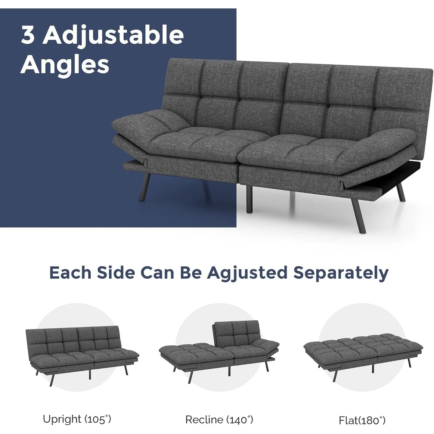 ZenVora Convertible Futon Sofa Bed with Memory Foam, Foldable Loveseat Sleeper with Adjustable Armrests