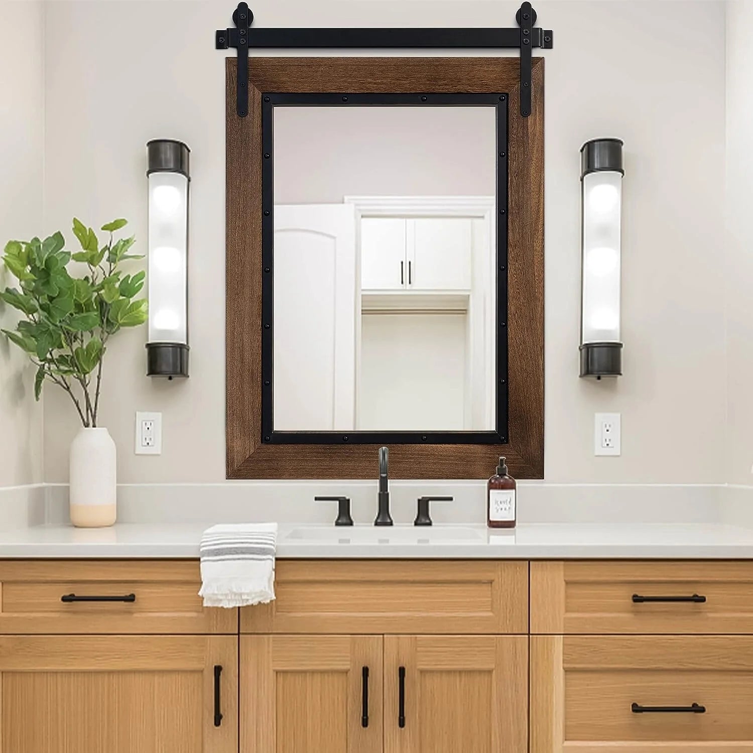 ZenVora Farmhouse Barn Door Style Bathroom Vanity Mirror, Natural Wood Wall Mirror for Bathroom, Bedroom and Entryway