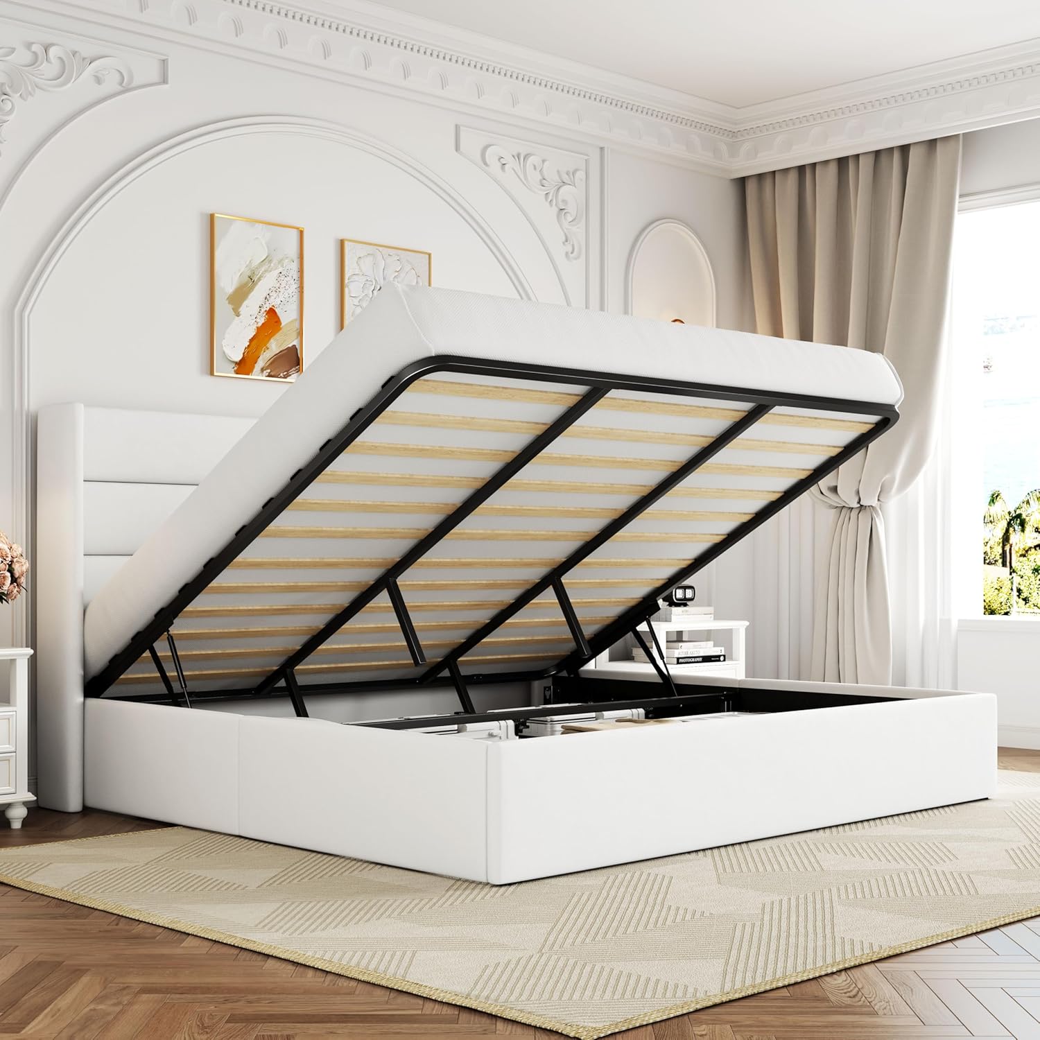 ZenVora Queen Size Lift Up Storage Bed with Wingback Headboard, Upholstered Platform Bed Frame with Hidden Storage