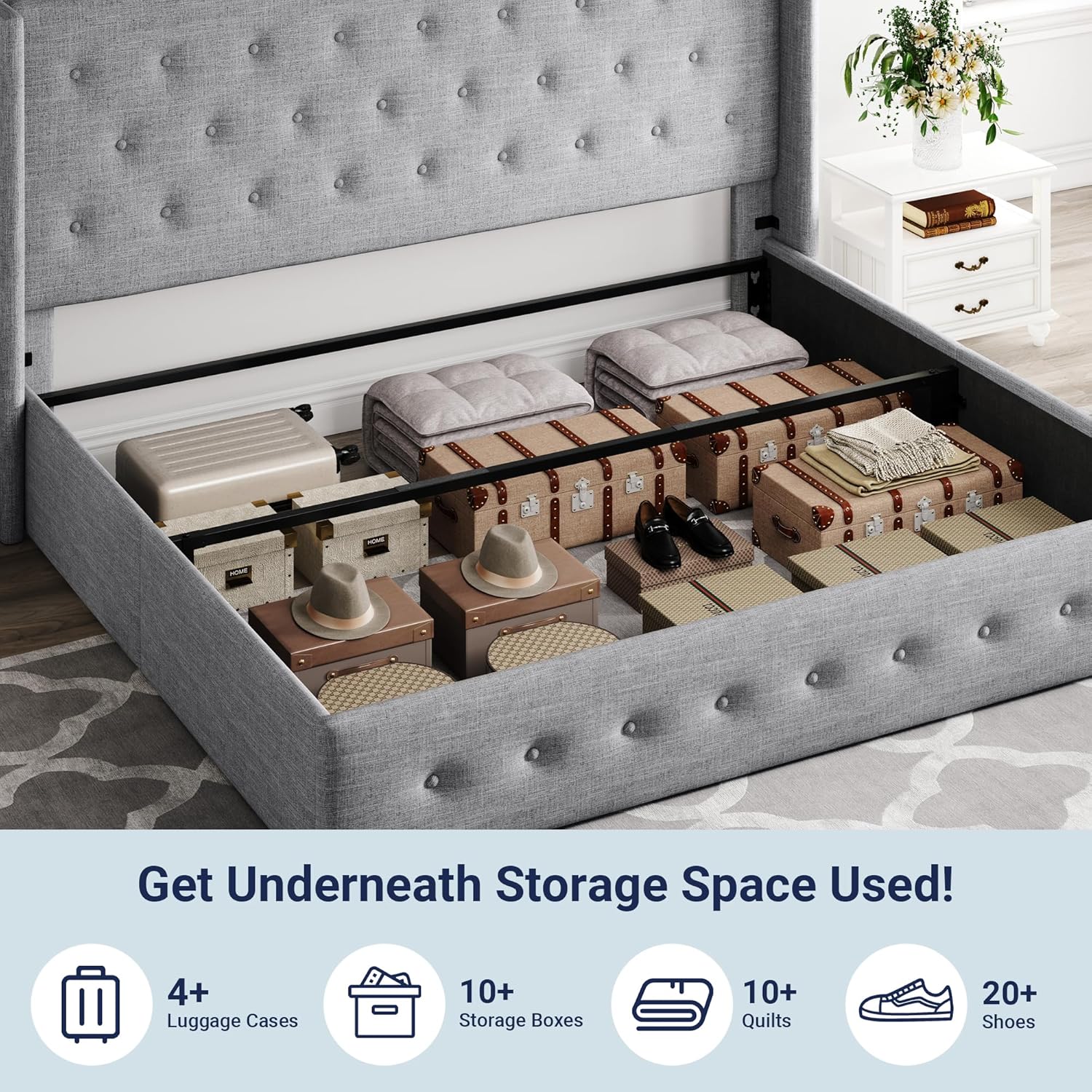 ZenVora Queen Size Lift Up Storage Bed with Wingback Headboard, Upholstered Platform Bed Frame with Hidden Storage