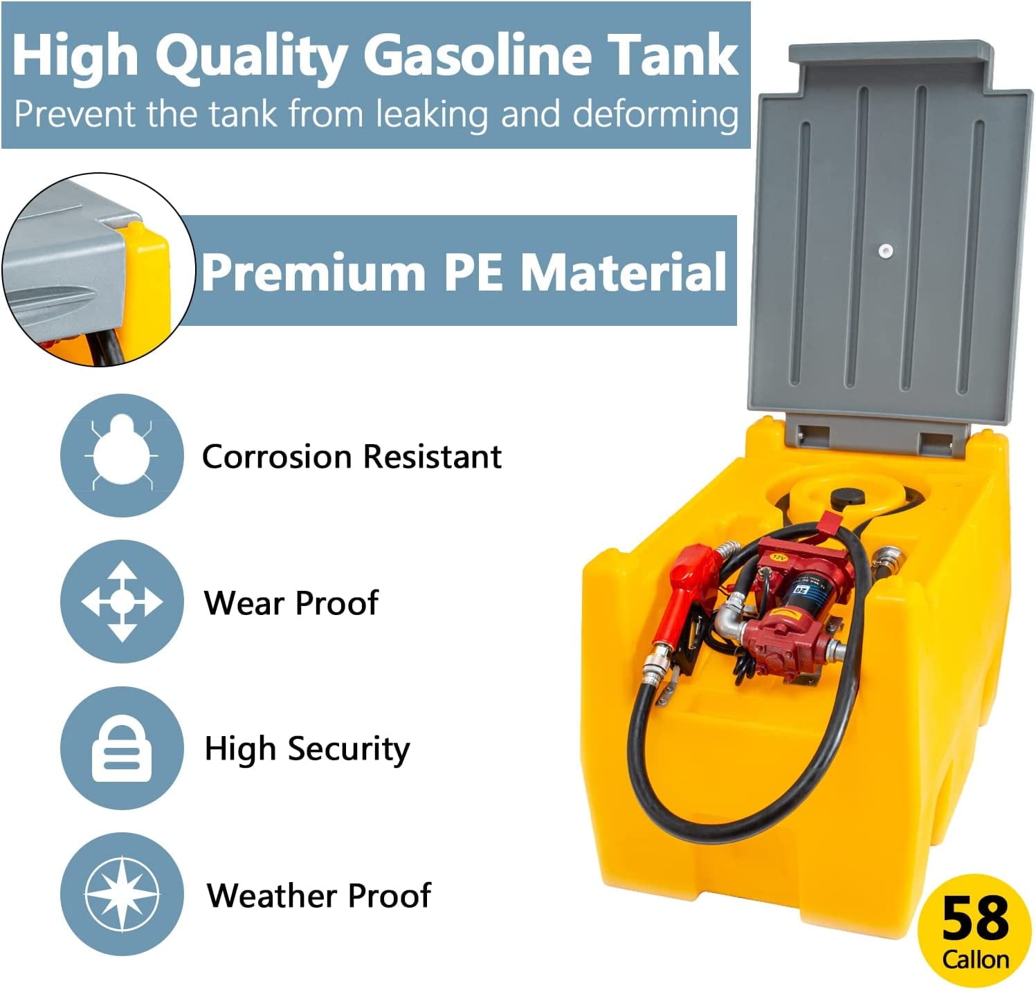 ZenVora 58-Gallon Portable Gasoline Fuel Tank with 12V Electric Transfer Pump, 40 GPM, 4-Meter Hose, Yellow