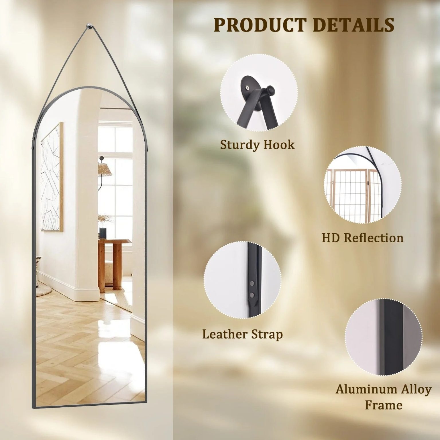 ZenVora 48 x 16 Inch Full Length Wall Mirror with Leather Strap, Hanging Full Body Mirror for Bedroom, Entryway and Home Decor