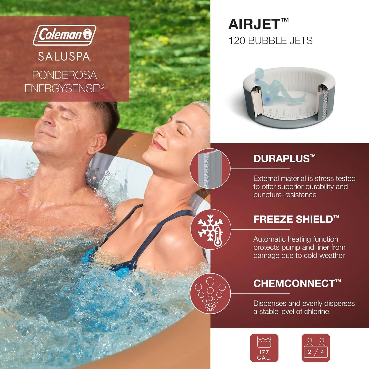 ZenVora 2-4 Person Inflatable Hot Tub, Portable Round Outdoor Spa with 120 Soothing Air Jets and Insulated Cover, Black