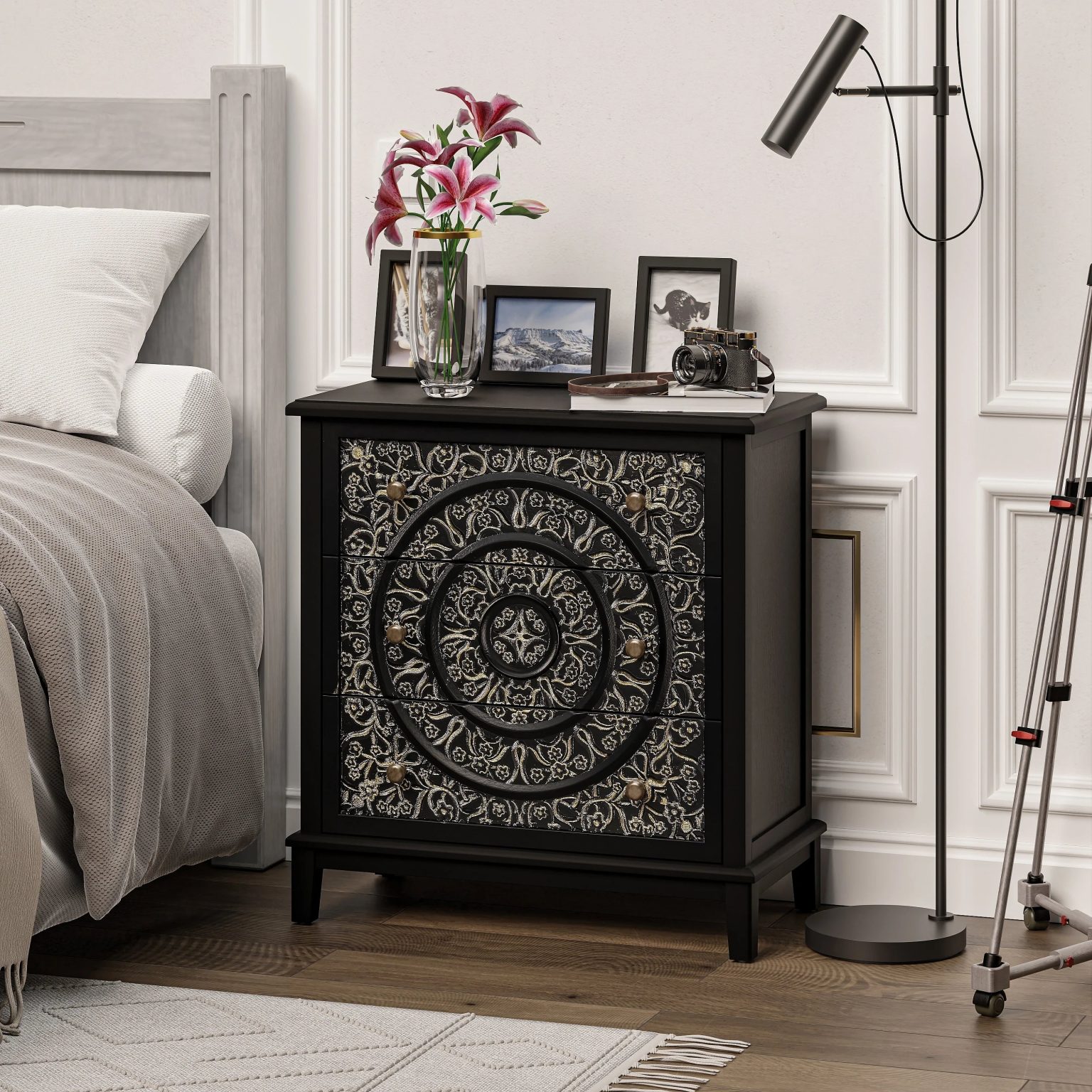 Farmhouse Fully Assembled Nightstand with 2 Drawers, Flower Motif End Table for Small Spaces