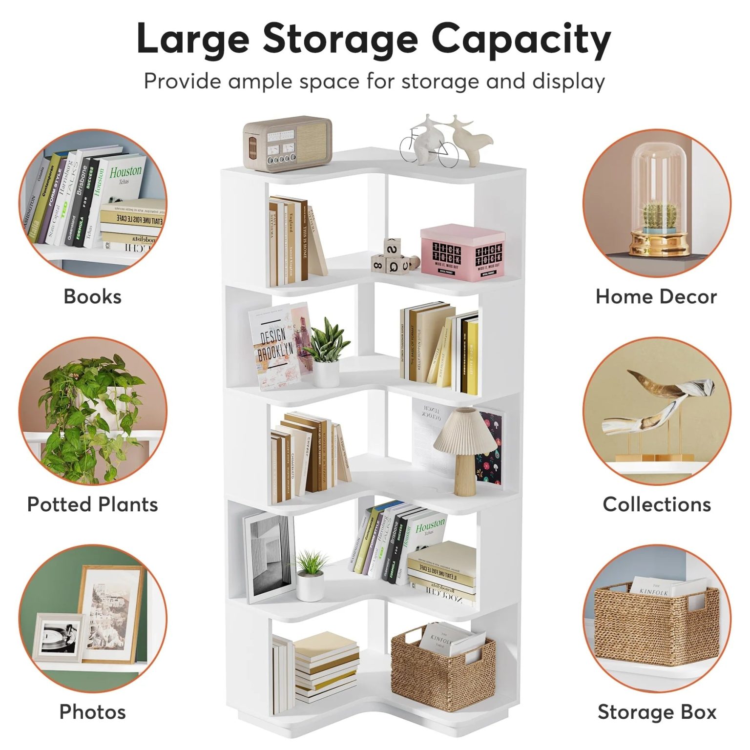 ZenVora 64.9 Inch Tall 6-Tier Corner Bookshelf, Freestanding Wood Industrial Bookcase
