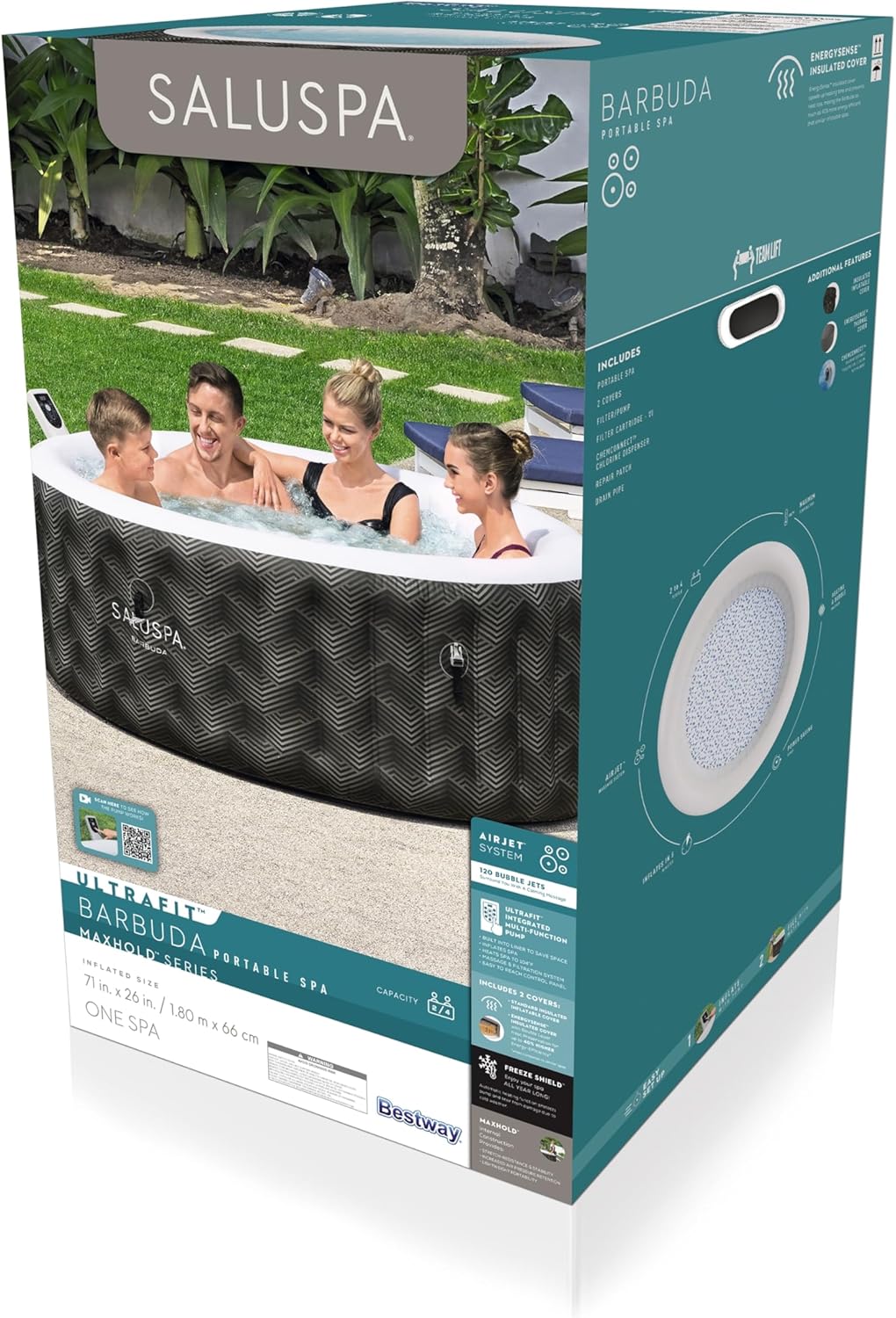 ZenVora 71 x 26-Inch Inflatable Hot Tub Spa for 2-4 Persons, Portable, with 2 Covers, Black
