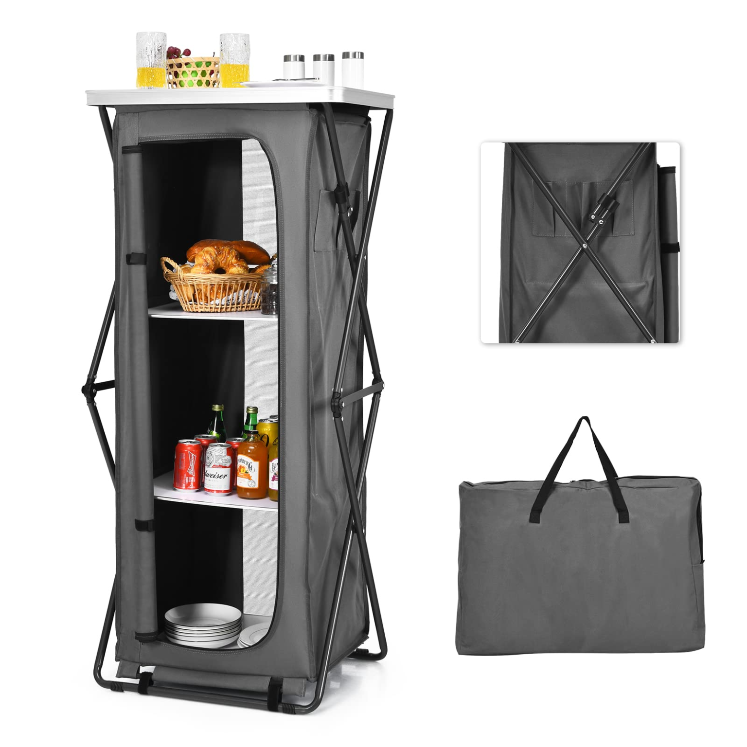 ZenVora Portable Camping Storage Cabinet - 3 Tier Folding Outdoor Kitchen Organizer with Tabletop & Carry Bag