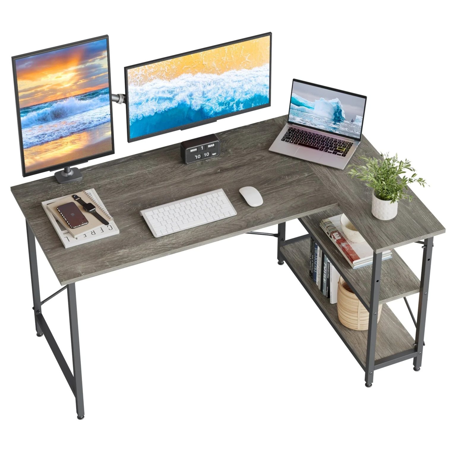 ZenVora Small L Shaped Computer Desk with Storage Shelves, Compact Corner Workstation for Home Office and Study
