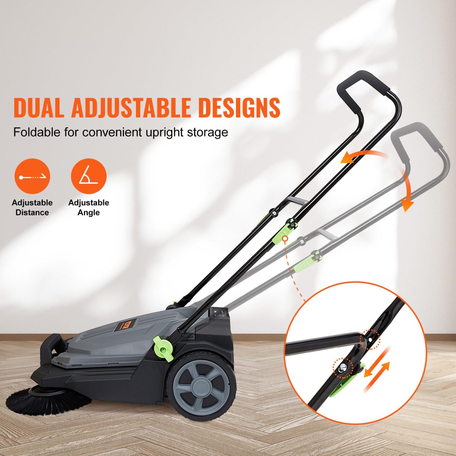 ZenVora Walk-Behind Hand Push Floor Sweeper, 5-Gallon Waste Container, Manual Outdoor Sweeping Machine