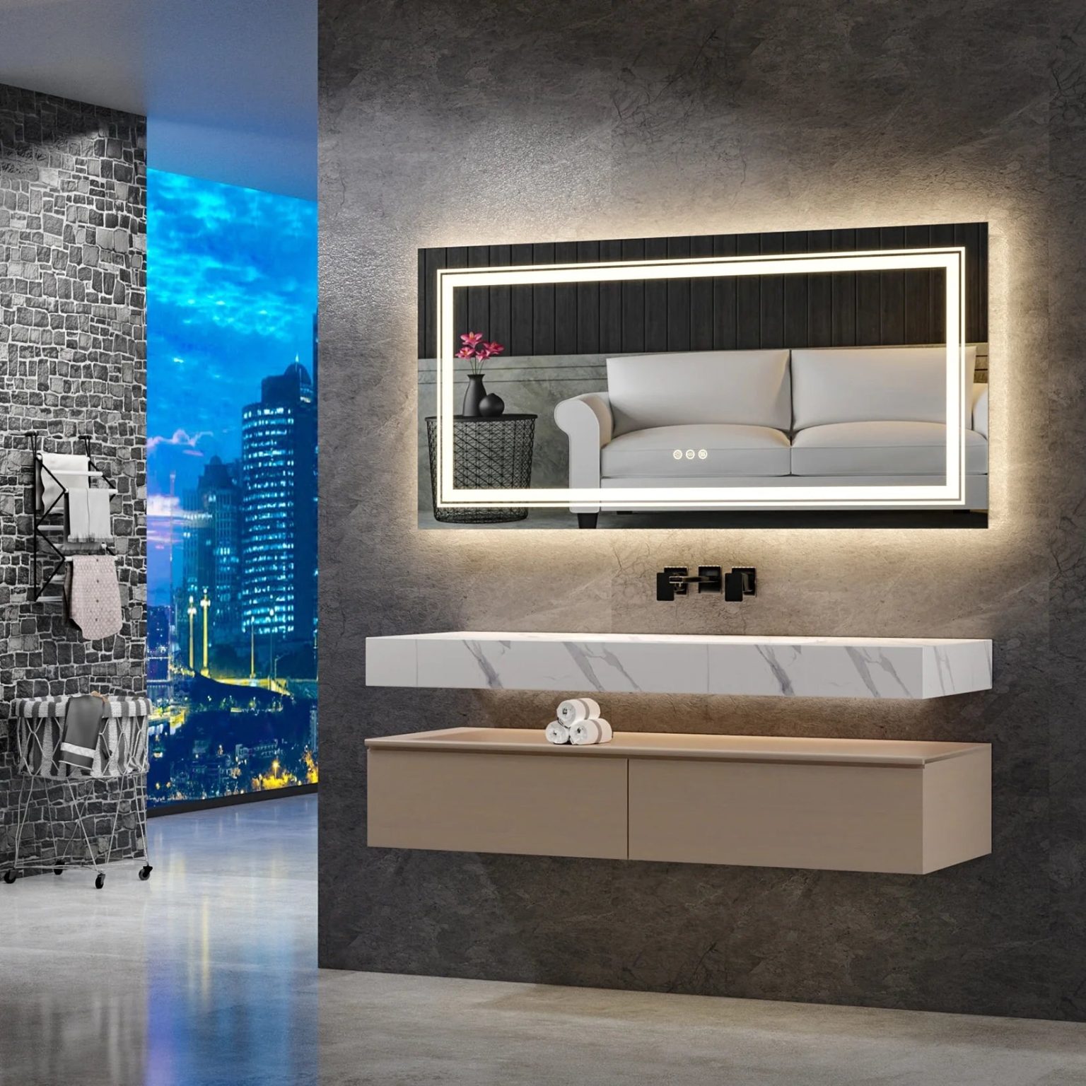 ZenVora Extra Large LED Lighted Bathroom Mirror, Anti-Fog Wall Mounted Vanity Mirror with 3 Colors