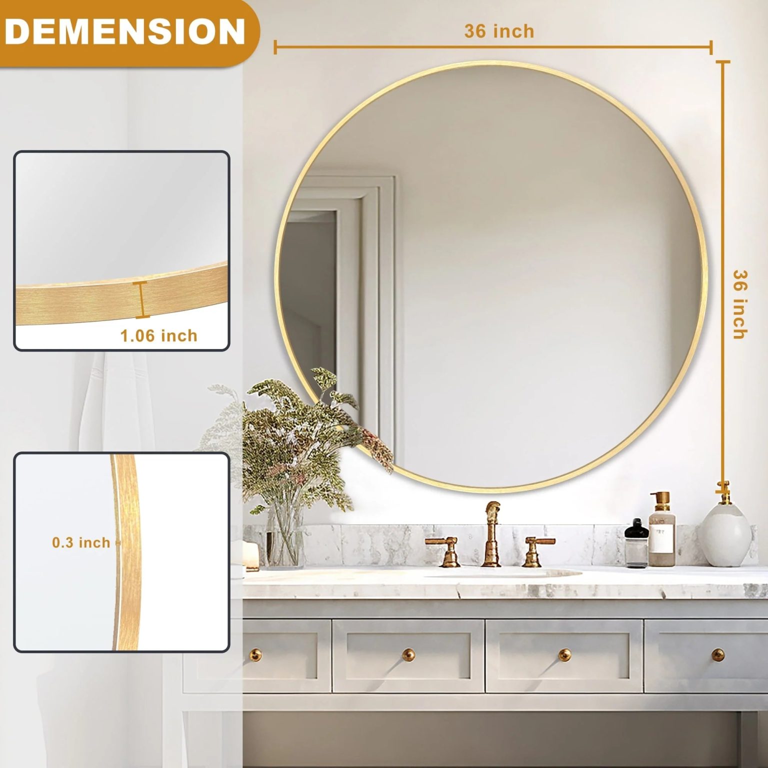 ZenVora Modern Round Bathroom Vanity Mirror, Wall Mounted Circular Mirror for Bathroom, Bedroom and Home Decor