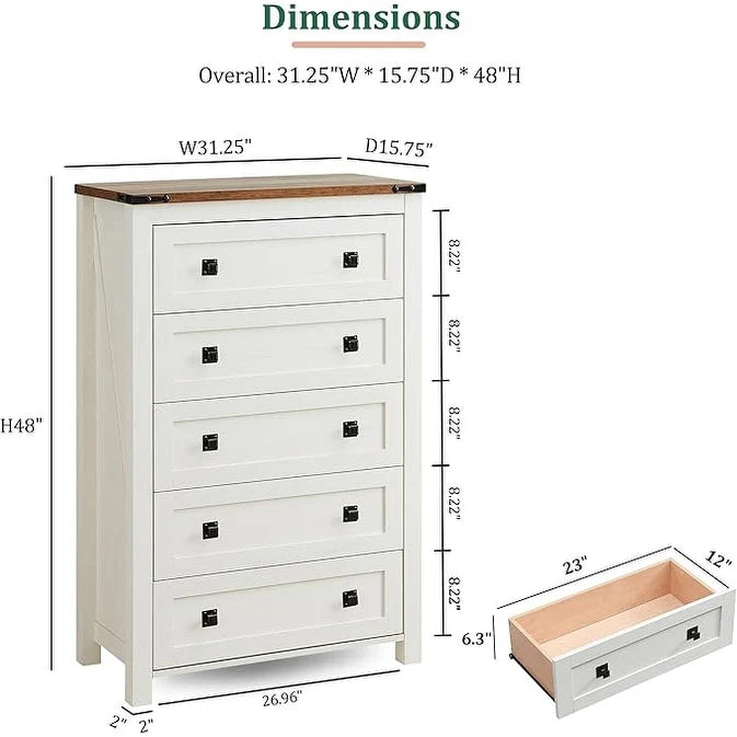 ZenVora 48 Inch Tall Farmhouse Wood Dresser, 5 Drawer Chest of Drawers for Bedroom